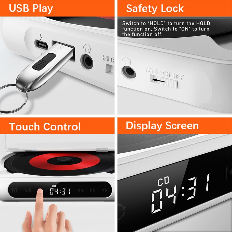CD Player 3 Modes LED Display Touch Control Portable Retro