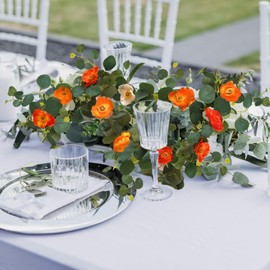 Kainonnan 6 FT Artificial Poppies Flower Garland, Floral Garland Greenery Vines with Eucalyptus Hanging Flowers Vines for Home Wedding Mantle Table Outdoor Decor (Orange)