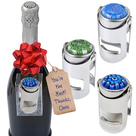 Millefiori Glass Champagne Stopper – With an Airtight Seal Protects Sparkling Wine, Prosecco, and Cava CO2 & Taste – Hanging Box for Champagne Gifts by Evan James Designs (Blue & Red)