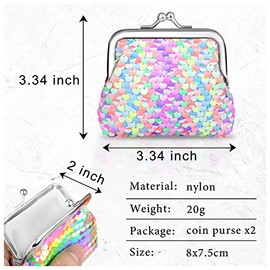 Paquete de 2 monederos de nailon para mujeres y niñas, monederos de lentejuelas de doble cara con cierre de cierre de beso, bolsa colorida para cambio