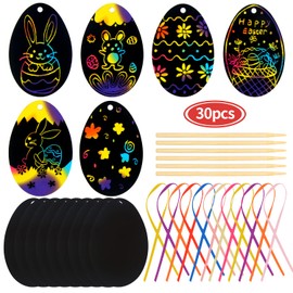 VEYLIN 30 Pieces Easter Scratch Art Egg Decorations, Easter Scratch Papers with Ribbons for Kids Party Bag Fillers