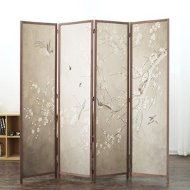 Furnnylane 4 Panel Room Divider, 5.6 ft Tall Double-Sided Blackout Folding Privacy Screen – Freestanding Wall Partition with Plums and Birds Scenery for Home Office, Easy Setup (67" H x 63" W)