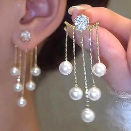 Trendy Boho Pearl Dangle Earrings Rhinestone Tassel Chandelier Earrings Hypoallergenic Front Back Earrings Jewelry Accessory Presents for Wedding Prom (Gold)