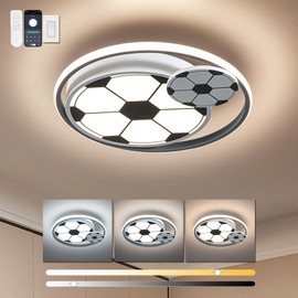 Shine LUEST Modern Kids Room Soccer Flush Mount LED Ceiling Light with Remote Control - Dimmable 17" Living Room Fixture for Boys Room, Kitchen - 3000k-6000K