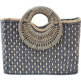 QZUnique Hand-woven Straw Bag Women Summer Beach Handbag Purse Retro Rattan Tote Clutch Travel Bag with Wood Round Top Handle, G-black, One Size