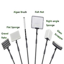 capetsma 6-in-1 Aquarium Cleaning kit, Fish Tank Cleaner Set, Including Algae Scraper, Sponge Pad, Fish Net, Gravel Rake and Cleaning Brush, can Reach 32” Depth with The Telescopic Handle