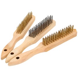 COM-FOUR® 3 x Hand Wire Brush, Steel Brush with Wooden Handle, Wire Brush for Working Metal, Wood and Steel (3 Pieces, Wooden Handle)