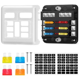 6 Fach kfz Sicherungshalter Sicherungskasten 12 Volt, 12V Flachsicherungshalter mit Schutzabdeckung, Sicherungsblock mit LED-Anzeige, 10 Flachsicherungen, für Auto LKW Boot VAN SUV Marine Fahrzeug