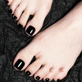 Press on Toenails Short Square Black Toe Fake Nails Glossy Full Cover Press on Toenails Acrylic Solid Black False Toenails for Women Summer - 24Pcs