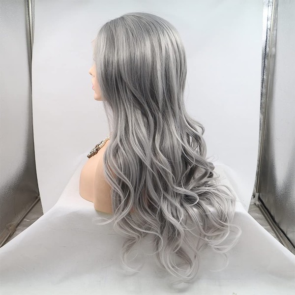 Xiweiya Long Silver Platinum Blonde Lace Front Wig with White Lace Ash Blonde Natural 22 Inch Wavy Mixed Silver Gray Ombre Wig Heat Resistant Fiber