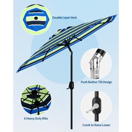9FT Patio Umbrella Outdoor, Market Umbrella, Table Umbrella with Push Button Tilt and Crank, 8 Sturdy Ribs UV Protection Waterproof for Garden, Pool, Deck, Backyard (Yellow-Blue-Purple Striped)
