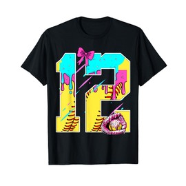 12th Birthday Softball Ice Cream Drip Bow 12 Years Kids Gift T-Shirt