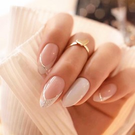 24Pcs White French Tips Press on Nails with Sparkly Curve Line Design, Glossy Nude Glitter False Nails Gel Glue on Nails, Shine Manicure Art Acrylic Fake Nails Stick on Nails for Coquette Women Girls