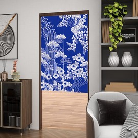 LIGICKY Japanese Style Noren Doorway Curtains Thick Cotton Linen Long Type Printed Door Hanging Tapestries for Home Decoration 33.5 x 47.2 inch, Blue (Chrysanthemum)