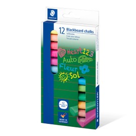 Staedtler 2350 Blackboard Chalk Square with Rounded Edges Low Dust Easy Wipe Clean Cardboard Case with 12 Chalks White, Coloured, black/white