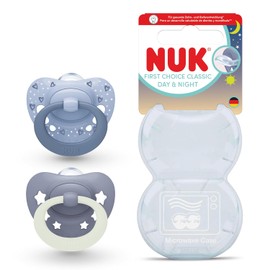 NUK First Choice Classic Day & Night Baby Dummies | 0-6 Months | Glow in the Dark Orthodontic Dummies | 95% Acceptance in Babies** | Blue | Pack of 2