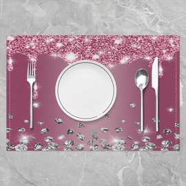 45x30cm Glitter Diamond Table Place Mats, Pink Silver Shiny Placemats Set of 4 Luxury Texture Colorful Bling Modern Placemat for Kitchen Dining Table Indoor Outdoor