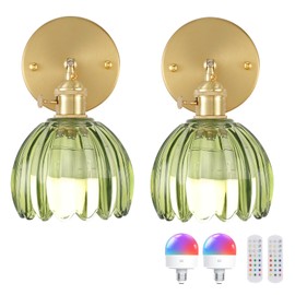 Shenmoyl Vintage Battery Operated Wall Sconce with Green Tulip Glass Lampshade 5000 mAh Rechargeable Battery Powered Wall Light with Remote Control for Bedside Bedroom Doorway, Set of 2