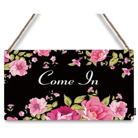 Mdulftar Pink Peony Flower Welcome Door Sign Come In Front Door Hanger Sign 12" x 6" Farmhouse Floral Wooden Hanging Sign Office Home Porch Window Decor