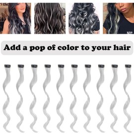 BUMMSEVEN Grey Hair Extensions Clip in, Curly Wavy Colored Synthetic Hairpieces Party Highlights, Colorful Hair Accessories Clips Ins for Kids Girls Women 16 Inch (10 Pieces Grey)