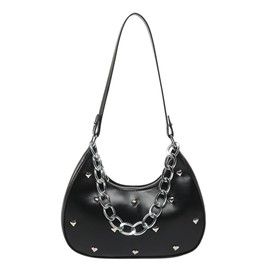 Verdusa Women's Studded Metal Chain Shoulder Bags Punk Top Handle Crescent Underarm Bag Black One Size