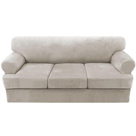 H.VERSAILTEX Sofa Cover 4 Piece T Cushion Sofa Slipcovers Thick Velvet Couch Cover Stretch T Cushion Sofa Covers for 3 Cushion Couch with 3 Individual T Cushion Covers Washable, Oatmeal