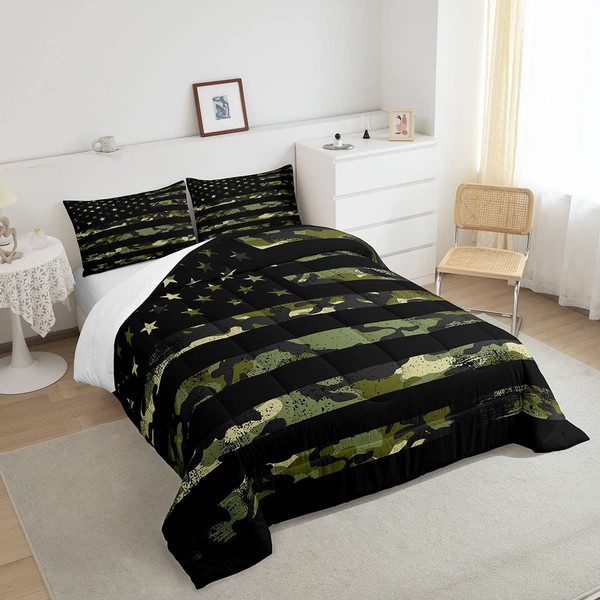 Camo American Flag Comforter Set Twin Size, Ultra Soft 2 Piece Green Camoufalge Print and Black Stripes Quilt Set for Kids Boys Bedroom, USA Flag Bedding Set with 1 Pillow Sham