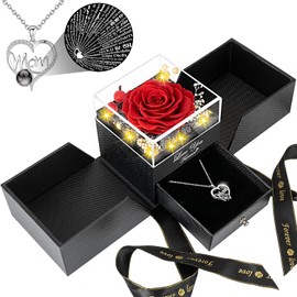 Gifts for Mom from Daughter and Son, Unique Mothers Day Birthday Gift Idea, Preserved Red Real Roses with I Love You in 100 Languages Mom Necklace, Cool Present to Mother Mama -Red