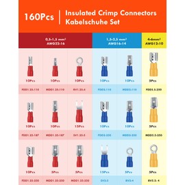 Gorffy Cable lugs, 160 pieces, assortment cable lugs set, 0.5 - 6.0 mm², cable lugs, flat connectors, insulated, car cable lug assortment, car crimp connector set