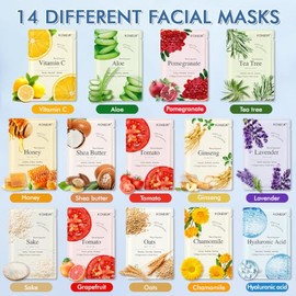KONEUK 14 Pack Sheet Face Masks Skincare, Hydrating Face Masks Suitable for Dry Skin, Bulk Facial Mask Set for Women Skin Care, Face Mask Gifts Set fo