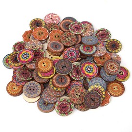 Botones de madera vintage de patrón mixto, 25 mm, 100 piezas, 2 agujeros, decorativos para manualidades de costura DIY