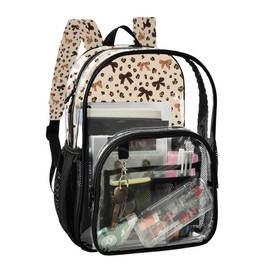 ALAZA Leopard Print Bow Brown Clear Backpack PVC Transparent Bookbag Heavy Duty for Student Boy Girl Kids Adult School Travel Work