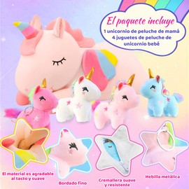 Funny toy Unicornio Animales de Peluche para Niñas de 3 4 5 6 7 8 Años, Peluche de Mamá Unicornio y 4 Bebés de Unicornio, Regalos de Unicornio para Niñas