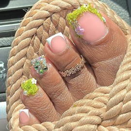 French Tip Press on Toenails with Design Flower Rhinestone Charm Fake Toenails Short Square Full Cover Toe Nails Matte Acrylic Toe Nails for Women