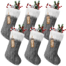 Floraltop 6 Pcs Faux Fur Christmas Stockings with 6 Stocking Name Tags, 18" Large Xmas Stockings Furry Elf Ornaments Christmas Hanging Ornaments for Fireplace Xmas Tree Decor(Grey and White)