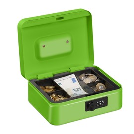 Relaxdays Cash Box, Coin Counter Tray Combination Lock Change & Notes, Steel, H x W x D: 8.5 x 20 x 17 cm, Green, Iron