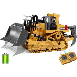WELIN Remote Control Bulldozer Toys, 9-Channel RC Dozer with Metal Bulldozing Blade Alloy Looseners, Construction Vehicles with Lights and Sound, Birthday Gifts for Kids Boys Ages 3+