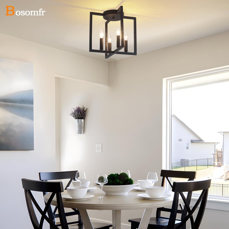 Bosomfr Semi Flush Mount 4-Light Black Ceiling Light, Modern Farmhouse
