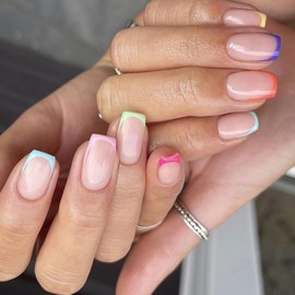 Colorful False Nails - 24pcs Press on Nails Short - 12 Sizes Spring Summer Pastel Stick on Nails - Glossy Removable Full Cover Fake nails with Glue for Women Girls
