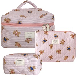 Cute Quilted Makeup Bag Set: 3 pc Pink Bow Bear Striped Cotton Travel Toiletry Bag, A