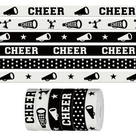 6 Pcs 3 Yards Sports Cheerleading Ribbon for Crafting Sewing, 3/8 Inch White Balck Grosgrain Ribbons for Gift Wrapping, Cheers Klaxons Ribbons for Hair Bow Cheerleader Accessories