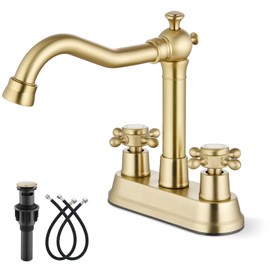 gotonovo 4 Inch Centerset Bathroom Sink Faucet with Double Cross Handles Deck Mounted 2 Hole Brass Lavatory Vanity Mixer Tap Include Supply Hose and Pop Up Drain RV Farmhouse, Brushed Gold