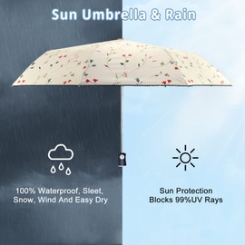 Cuby UV Sun Umbrella Compact Folding Travel Umbrella Auto Open and Close for Windproof, Rainproof & 99% UV Protection Parasol with Black Anti-UV Coating (Flowers)
