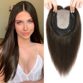 OLLAVO Hair Toppers for Women Real Human Hair, 360° 3D Toppers Pieces for Women with Thinning Crown Side Bangs 12 Inch Upgrade Big Basement (Dark Brown, 12 Inch Side Bangs)