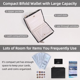 VISOUL Small Wallet for Women Genuine Leather, Compact Bifold Card Holder Wallet RFID Blocking with Zipper Coin Pocket (Black and Ivory)