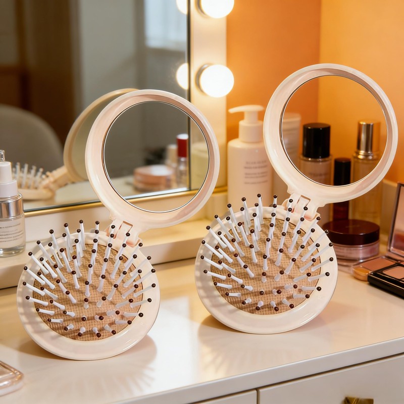 2Pc Foldable Mirror Hair Brush,Mini Hair Brushes Compact Travel Size,Travel