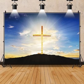 ZARROUEA 7x5ft Holy Light Glowing Crucifix Church Backdrop Crosses on The Mountain Sunrise Sunset Sky Background Jesus Christ Video Background Easter Backdrop Bible School Decor Baptism Banner