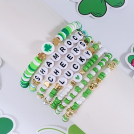 Budsmile St.Patrick’s Day Bracelets for Women Lucky Shamrock Charm Heishi Bracelets Boho KISSME Spring Stackable Stretch Irish Green Beaded Bracelet Gifts Jewelry
