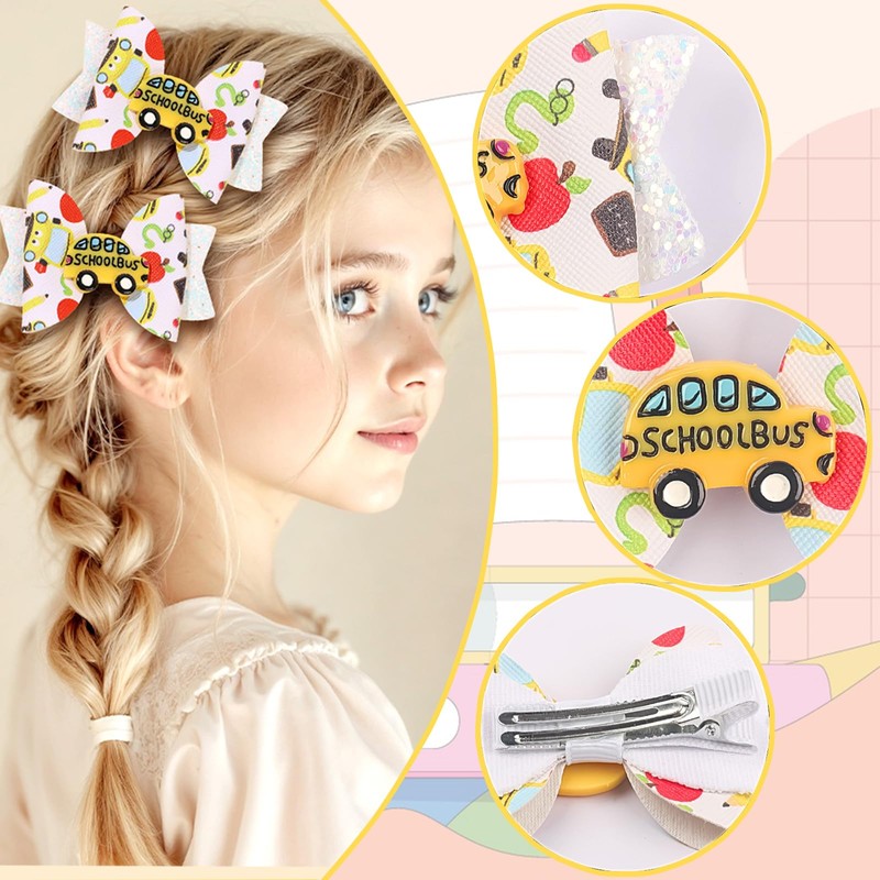 2PCS Glitter Back To School Bow Hair Clips Cute Bus