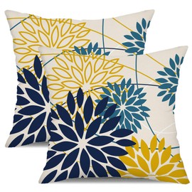 Blue Yellow Flower Pillow Covers 16x16 Inch Set of 2 Outdoor Throw Pillows Outdoor Waterproof Decor for Living Room Sofa Patio Funiture Garden Floral Polyester Pillow Covers 01P